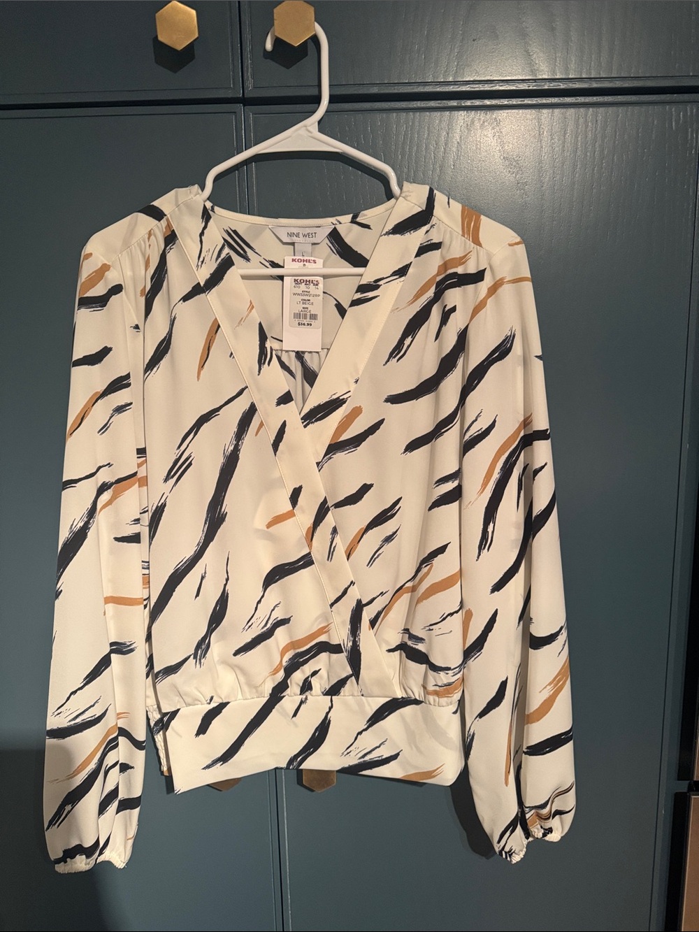 Nine West Cream Blouse with Black and Tan Brushstroke Print